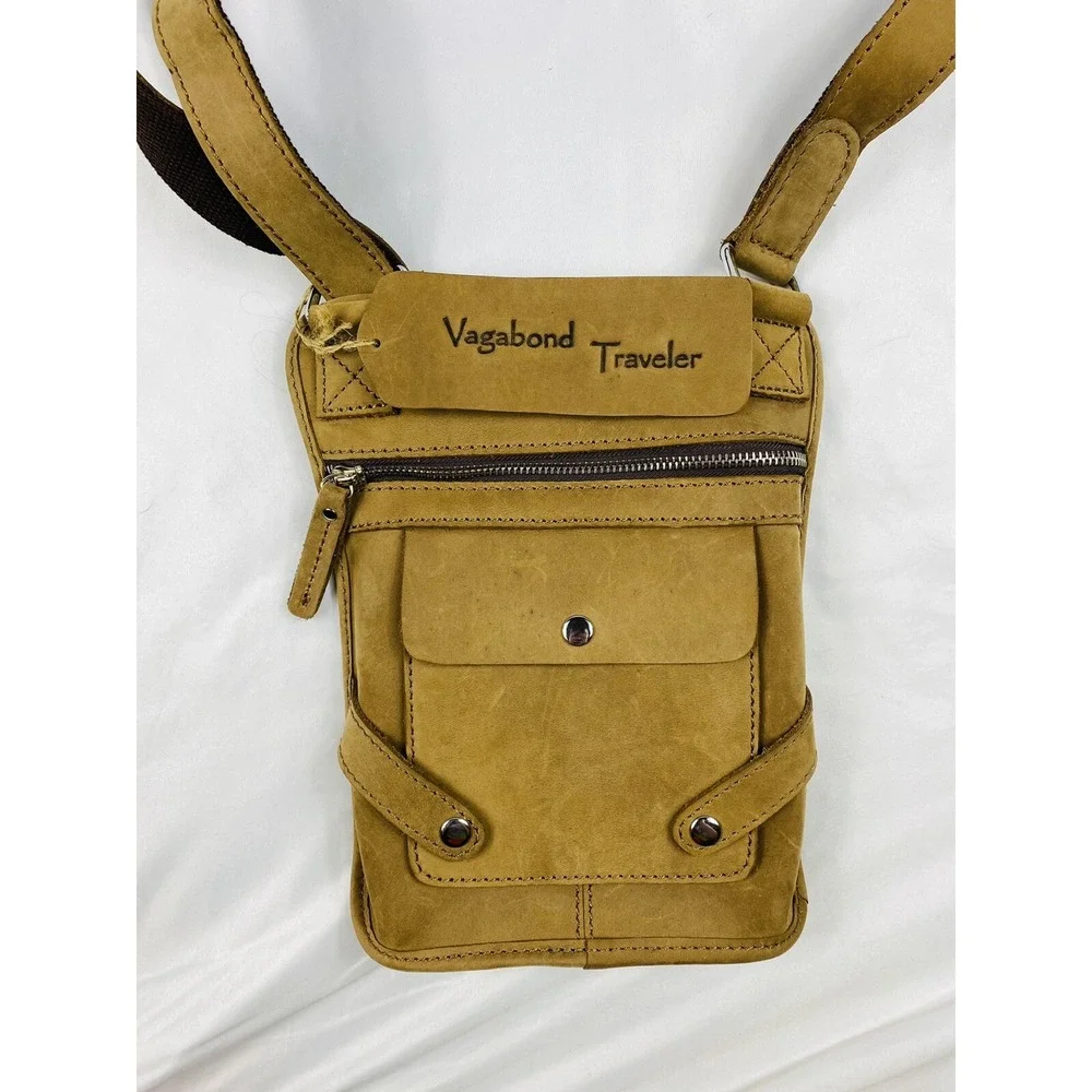 Vagabond Traveler Thick Cowhide Leather Crossbody Bag Brown Travel Purse Mens